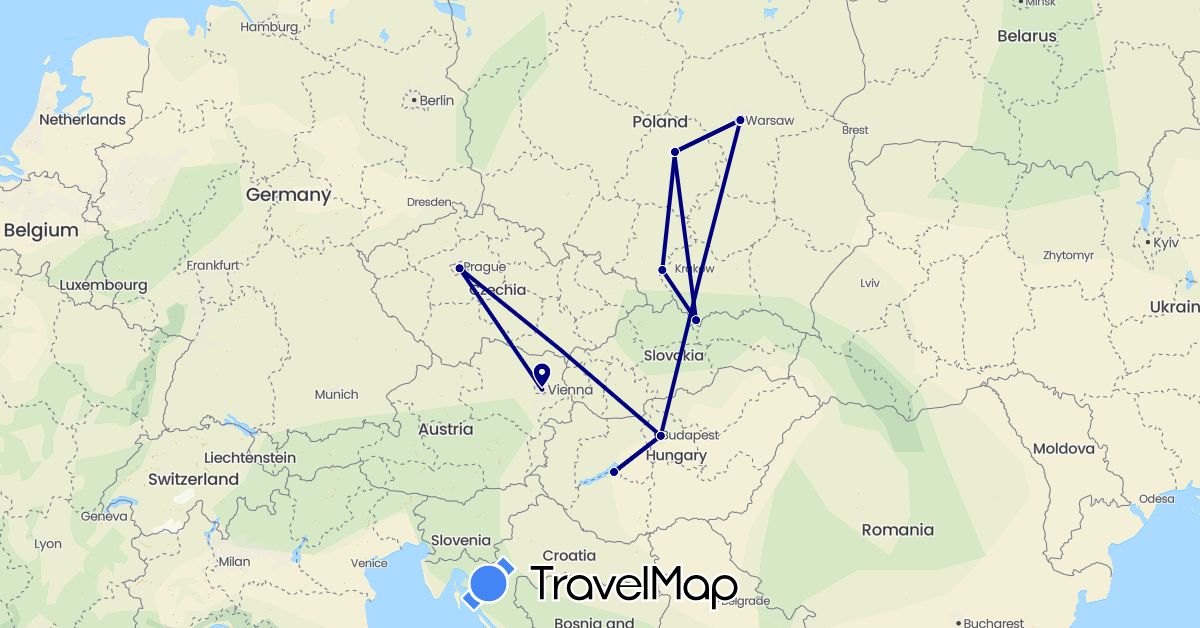 TravelMap itinerary: driving in Austria, Czech Republic, Hungary, Poland (Europe)
